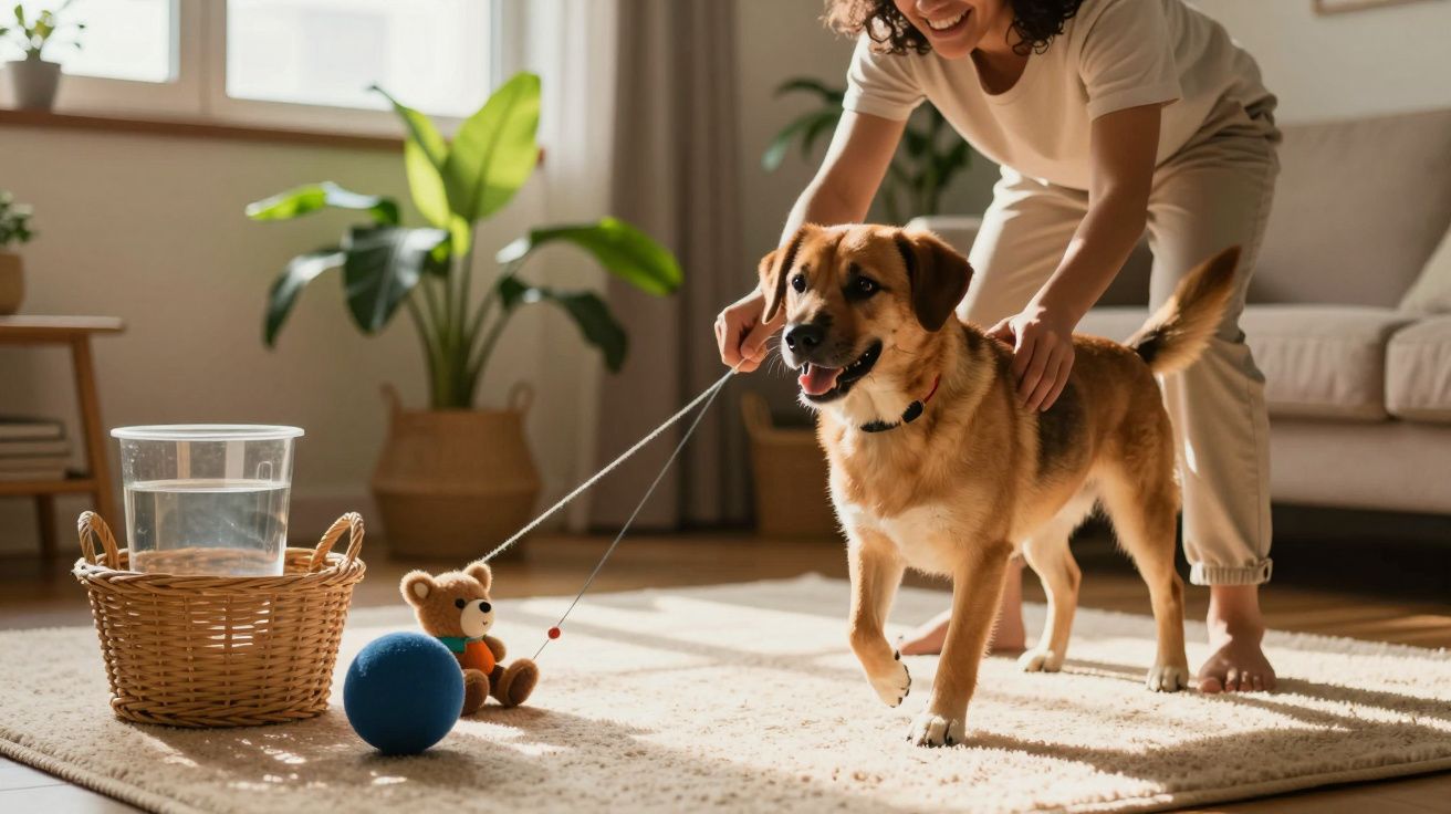 Mulher a brincar com cão castanho numa sala, com brinquedos e plantas ao fundo.