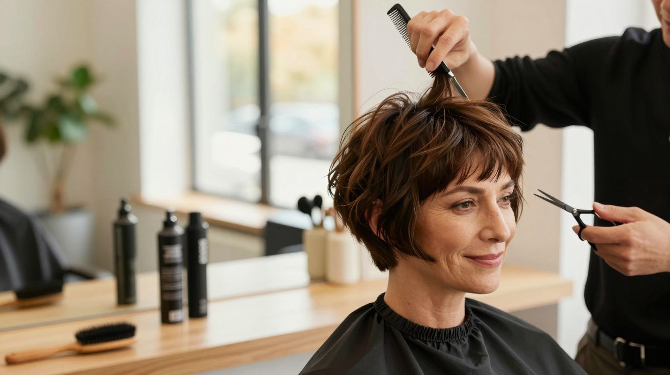 Cabeleireira a cortar cabelo curto de mulher sorridente num salão moderno.