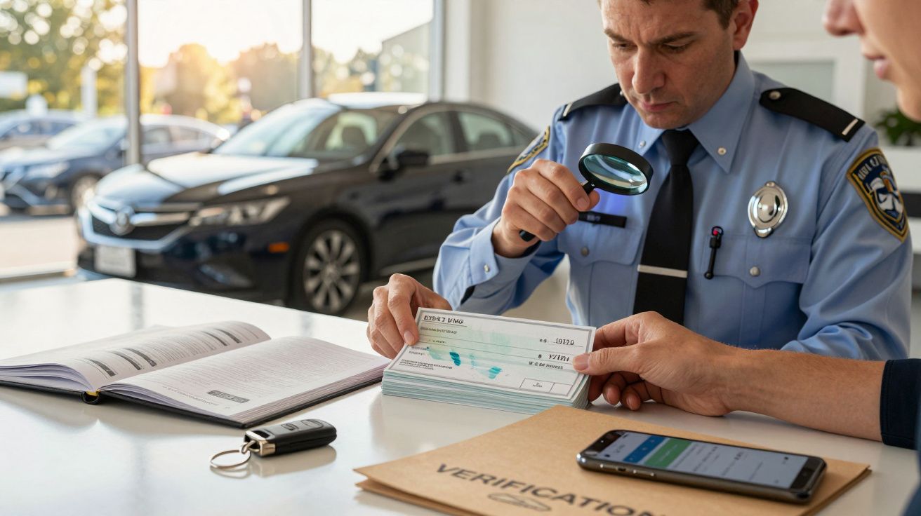 Polícia examina documentos num gabinete, com carro ao fundo e telemóvel na mesa.