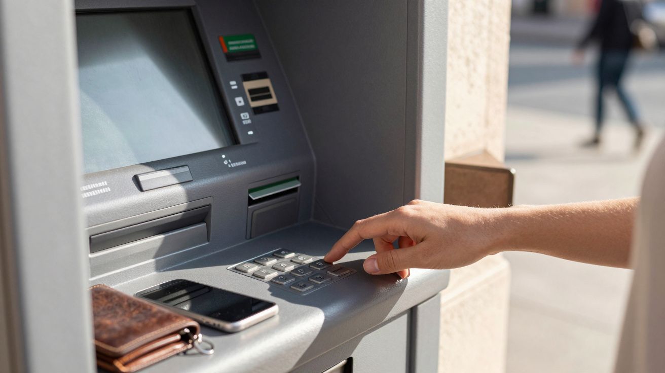 Pessoa a usar um caixa automático com carteira e telemóvel sobre o teclado.