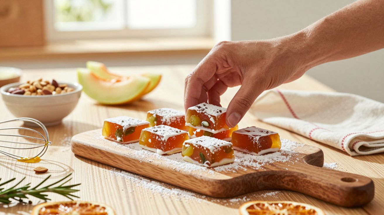 Mão a pegar numa gominola de laranja polvilhada com açúcar em tabuleiro de madeira, rodeada de frutas e frutos secos.