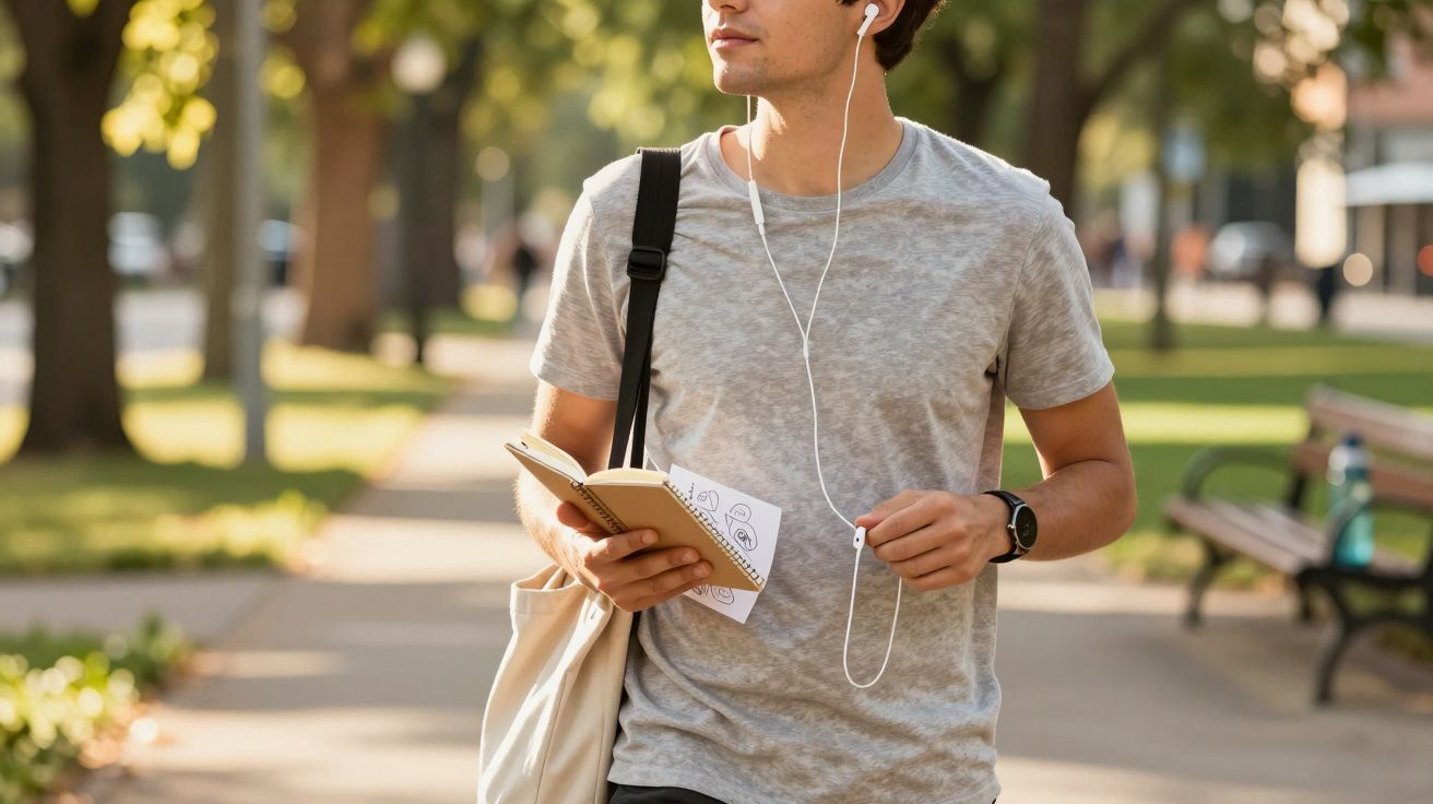 Jovem a caminhar num parque, com auscultadores e bloco de notas, vestindo t-shirt cinza e mochila a tiracolo.