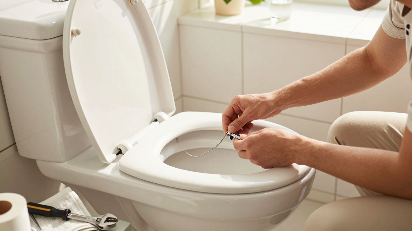 Pessoa reparando a tampa de uma sanita em casa, com ferramentas ao lado.
