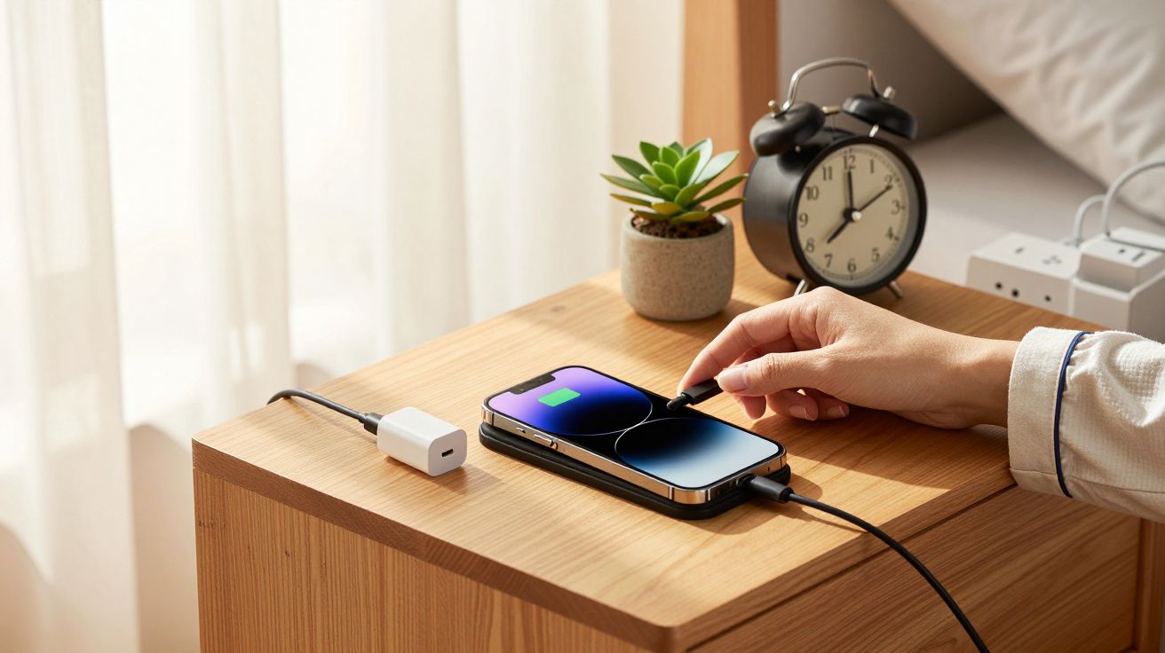 Smartphone a carregar numa mesa de cabeceira com despertador, planta e mão a segurar no cabo.