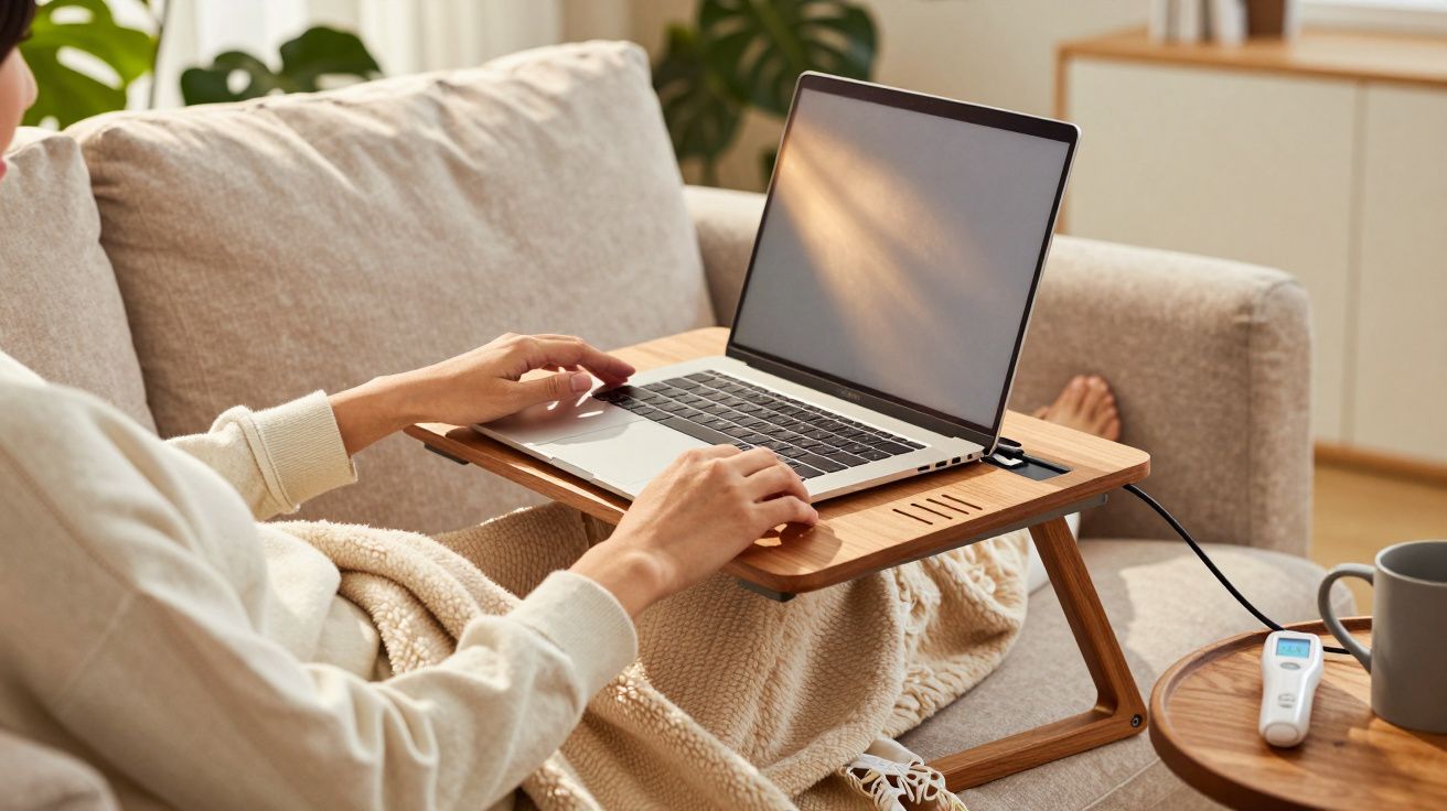 Pessoa num sofá a trabalhar num portátil sobre mesa ajustável, ao lado de uma chávena e termómetro digital.