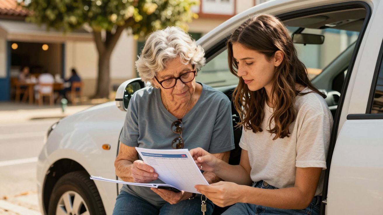 Idosa e jovem sentadas ao lado de um carro, olhando juntas para um documento.