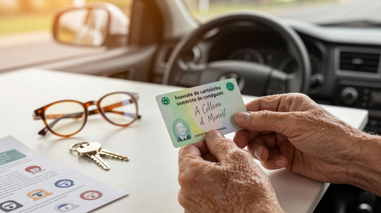 Pessoa segurando uma carta de condução no interior de um carro, com chaves e óculos sobre o tablier.