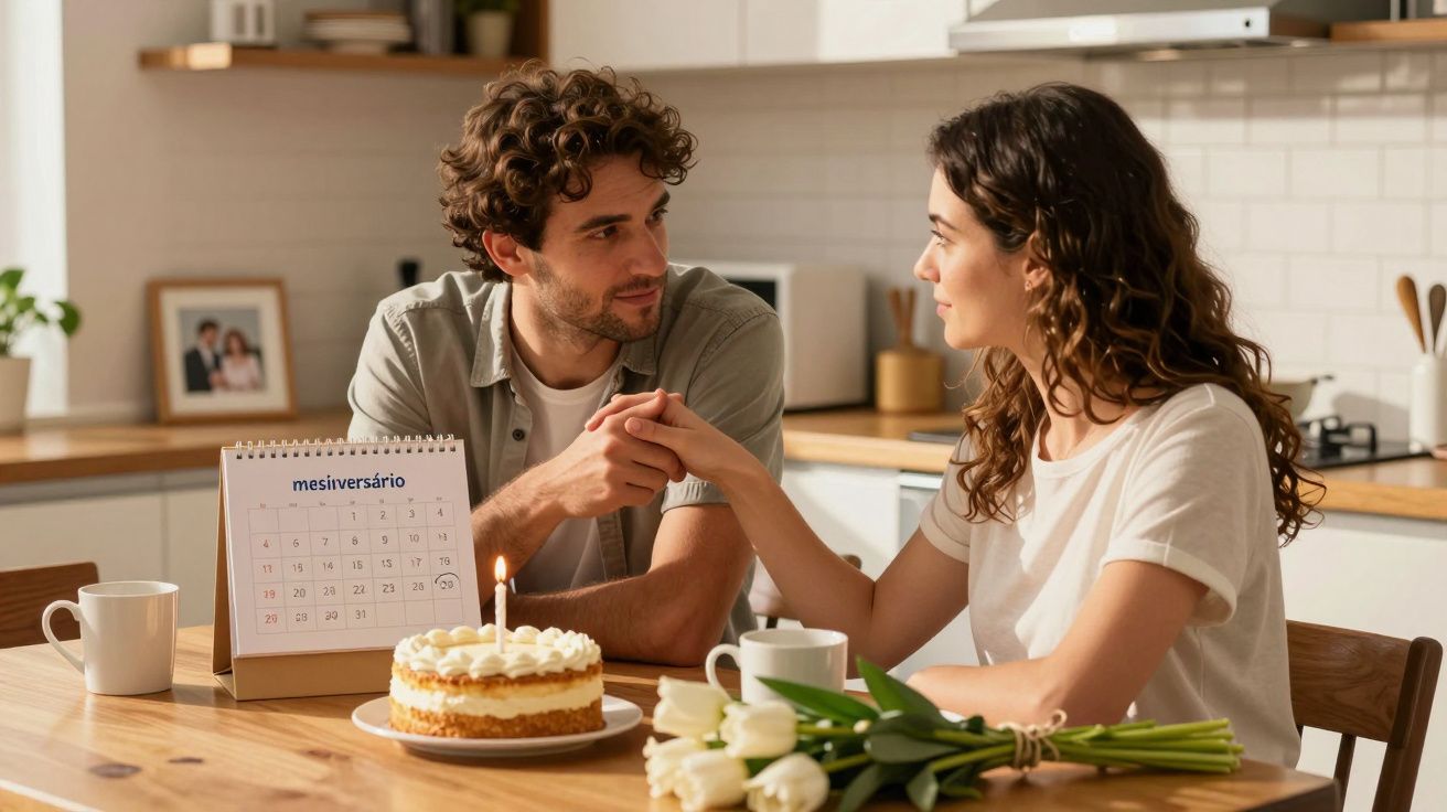 Casal sentado à mesa de cozinha, com bolo, flores e calendário. Olham-se nos olhos, ambiente romântico e acolhedor.