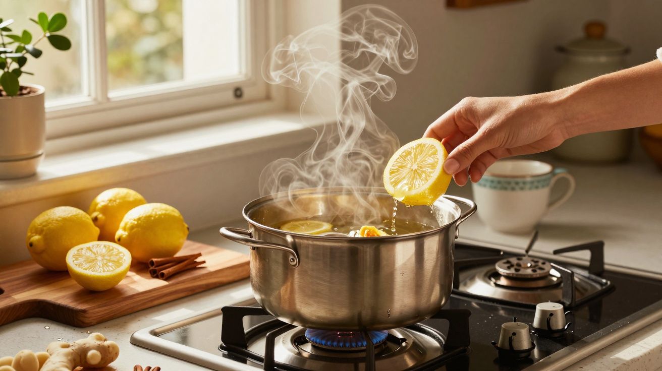 Mão a espremer limão numa panela a ferver no fogão, com limões e canela ao lado, numa cozinha iluminada.