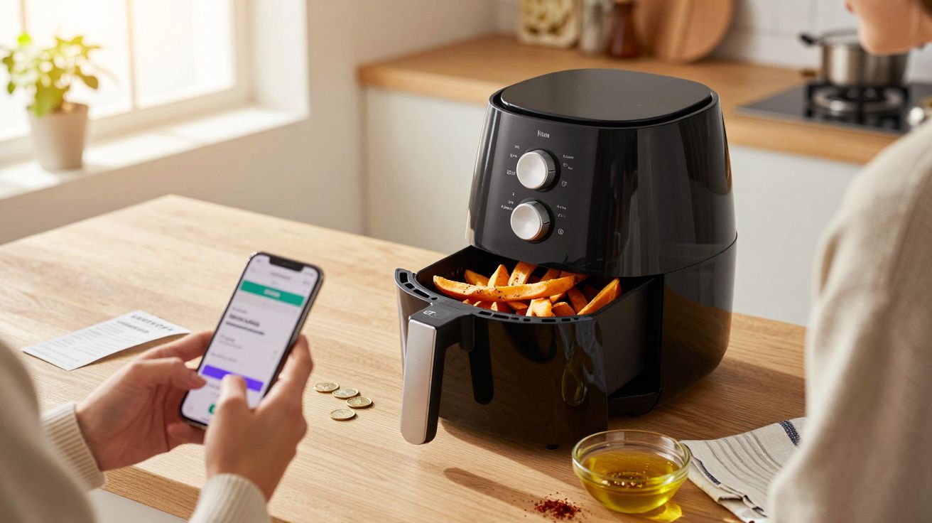 Pessoa segura telemóvel perto de fritadeira de ar com batatas-doces numa cozinha iluminada.