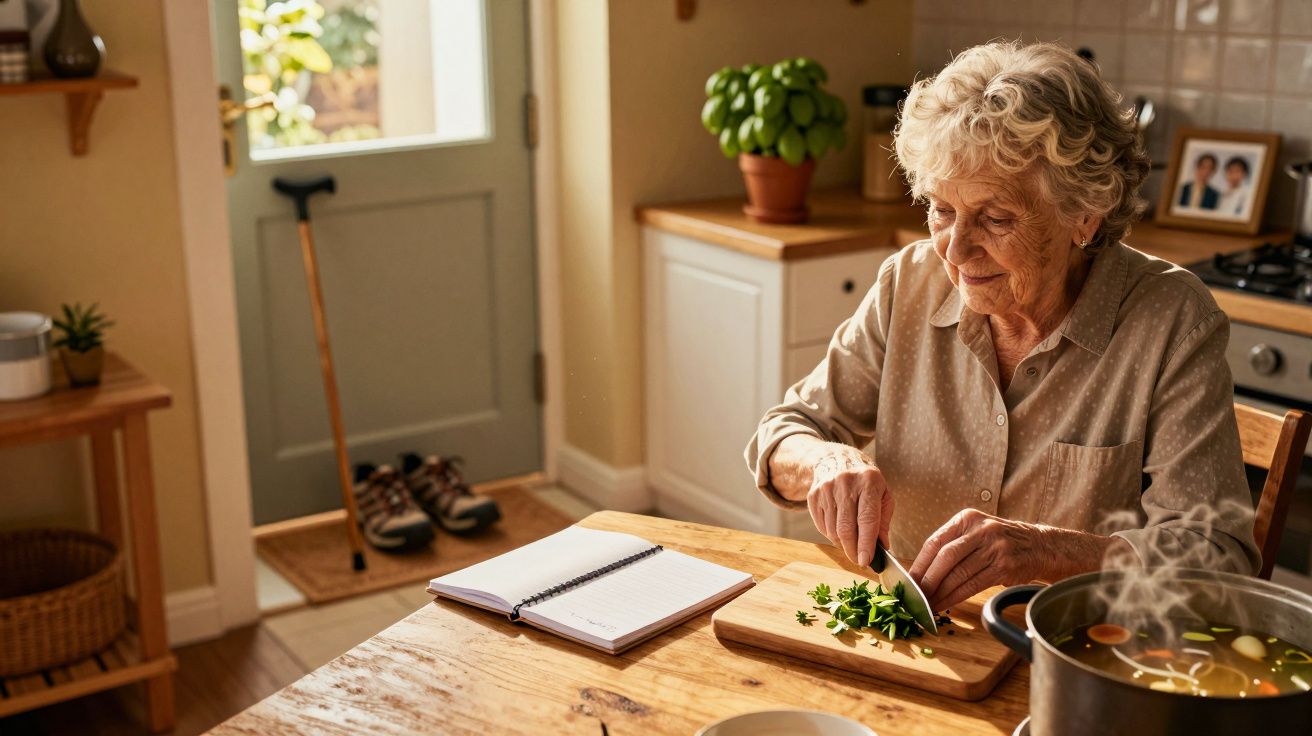 Mulher idosa corta ervas numa cozinha iluminada, com um caderno aberto na mesa.