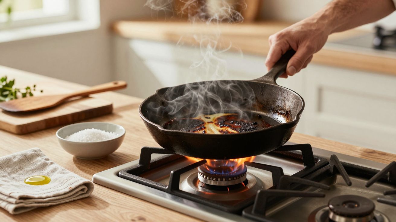 Mão a segurar uma frigideira de ferro fundido a fumegar, sobre chama acesa num fogão a gás numa cozinha.