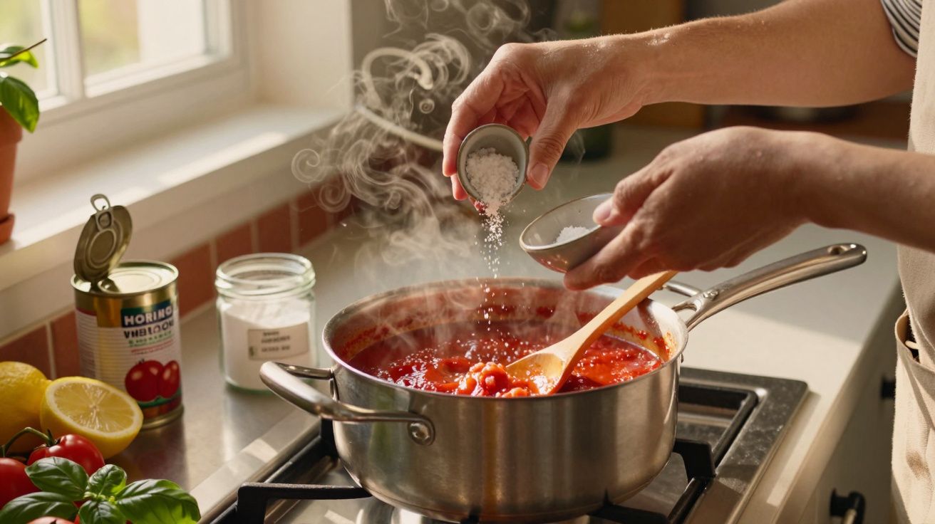 Pessoa adiciona sal a molho de tomate fumegante numa panela em fogão, com ingredientes frescos ao lado.
