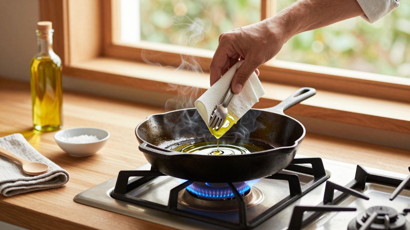 Mão segura garfo com papel, mexendo azeite numa frigideira quente sobre um fogão a gás.