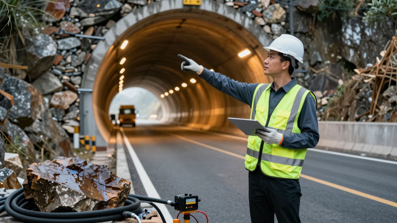 Engenheiro num túnel de estrada, usando capacete e colete refletor, aponta enquanto consulta um tablet.