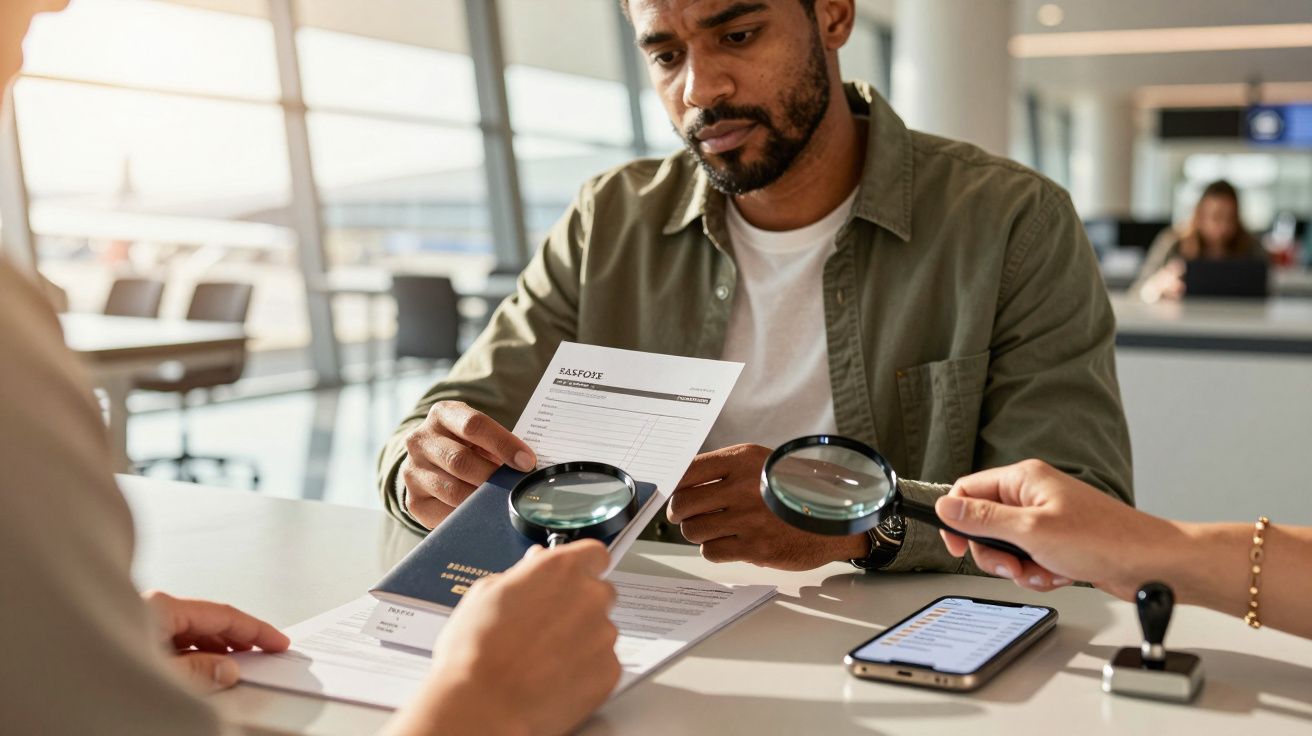 Homem examina passaporte e documentos com duas pessoas, usando lupas, numa mesa de aeroporto.