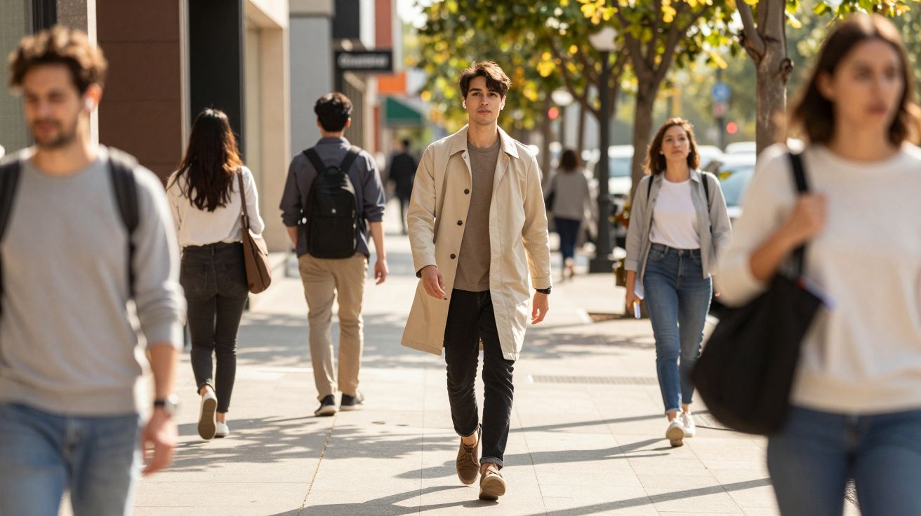 Homem de casaco bege a caminhar numa rua movimentada com outras pessoas, árvores e edifícios ao fundo.