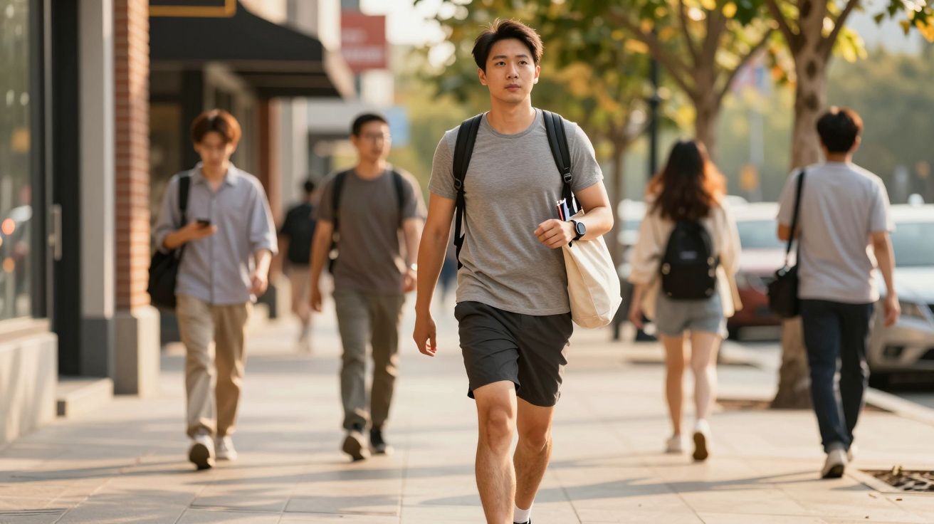 Homem a caminhar numa rua movimentada, vestindo t-shirt cinzenta e calções pretos, com mochila e bolsa a tiracolo.