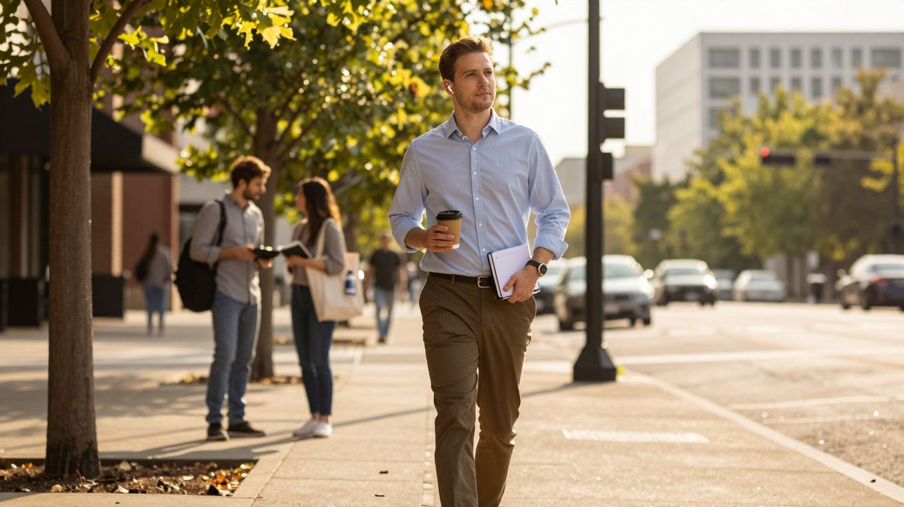 Homem caminha por uma rua ensolarada, segurando um café e um telemóvel. Pessoas e árvores ao fundo.