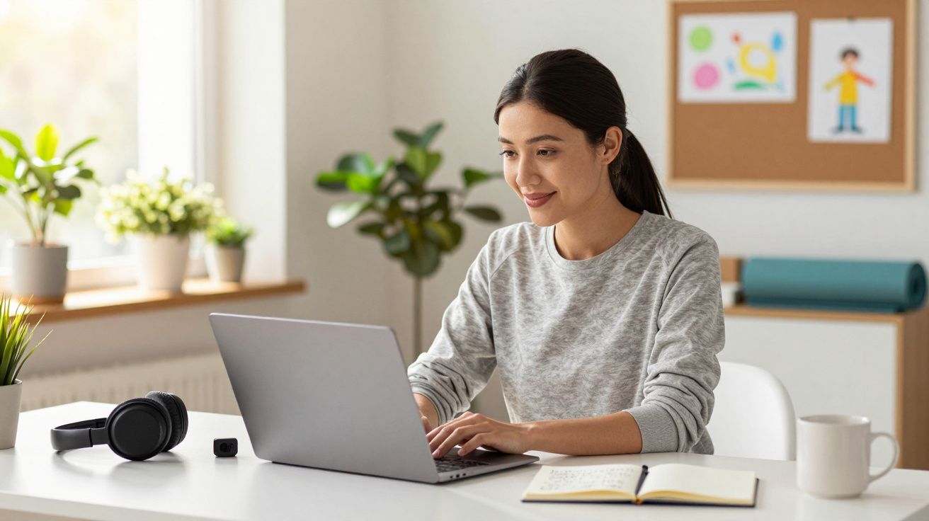 Mulher a trabalhar num portátil numa mesa com auscultadores e caderno, rodeada de plantas num escritório em casa.