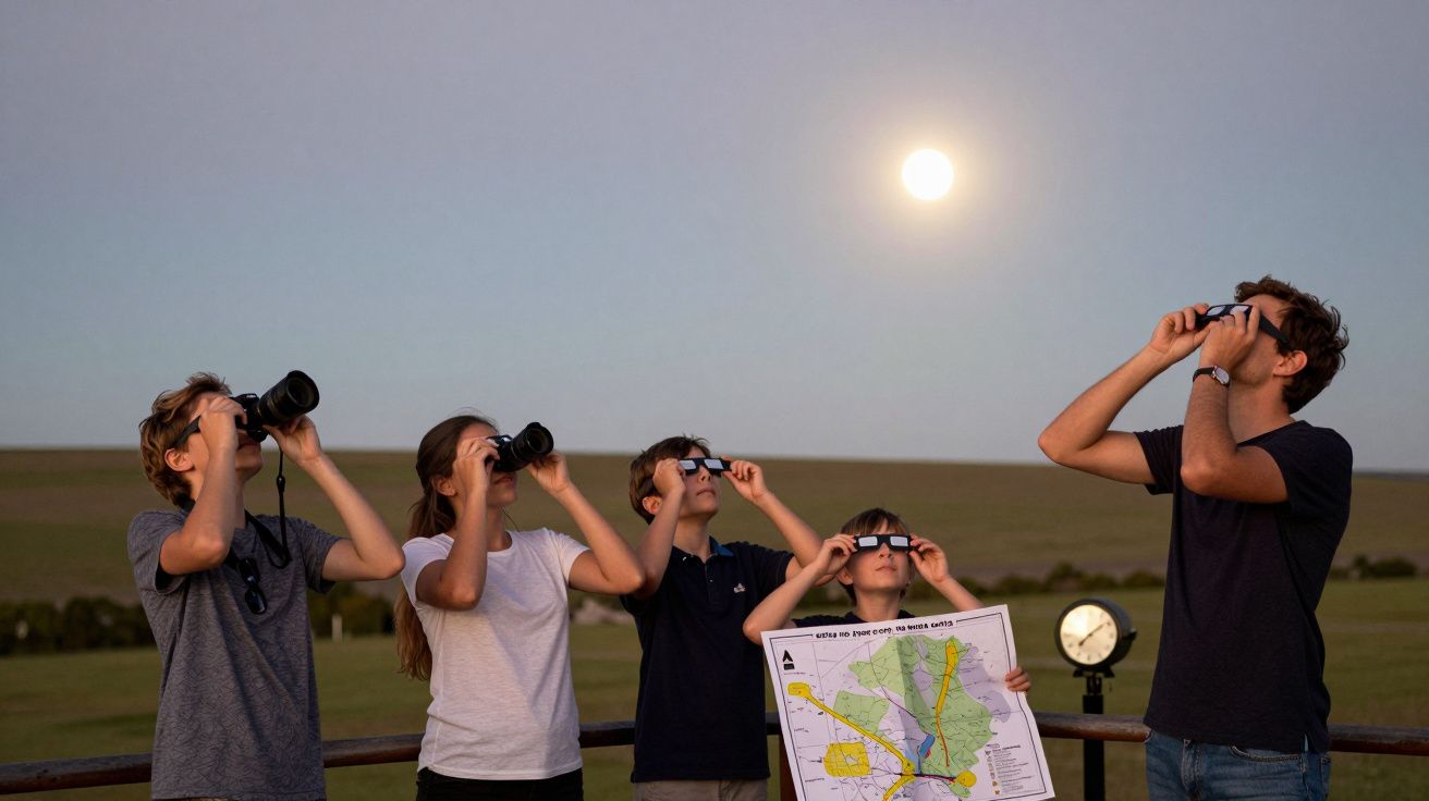 Cinco pessoas observam o céu com binóculos ao pôr-do-sol, segurando um mapa de área iluminada pela lua ao fundo.