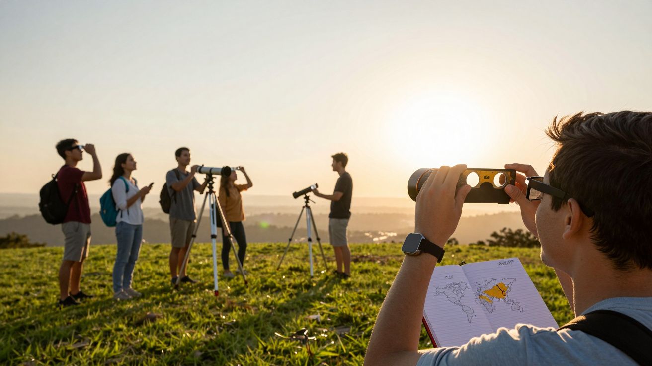 Grupo de jovens observando com telescópios e binóculos ao pôr do sol, numa colina com um caderno de anotações.
