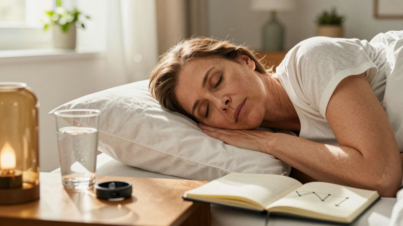 Mulher a dormir tranquilamente na cama, com um caderno aberto e um copo de água na mesa de cabeceira.