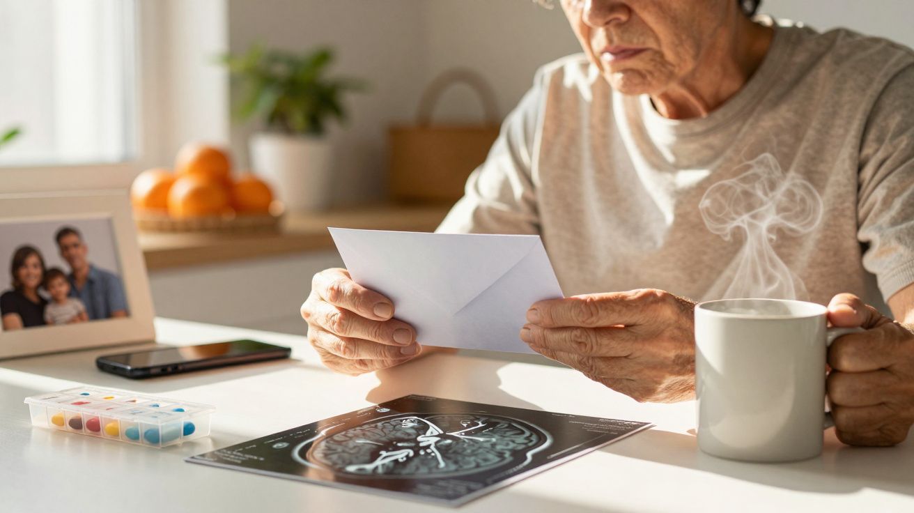 Pessoa idosa com carta em mãos à mesa, ao lado de chávena, medicamentos e ressonância magnética.