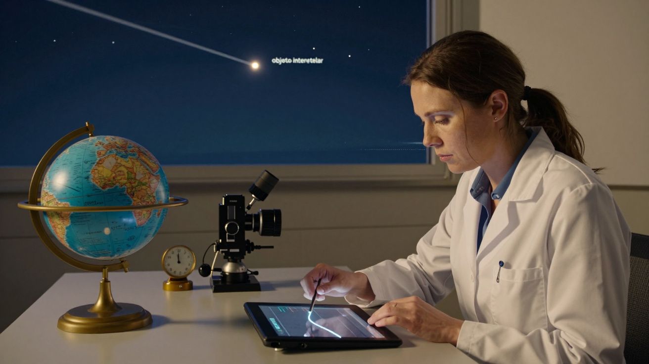 Cientista numa sala, analisa dados num tablet, com globo e telescópio ao lado; janela exibe objeto interstelar.