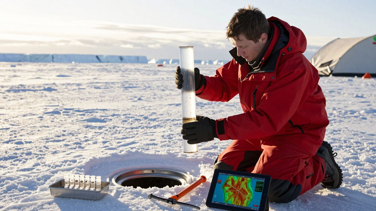 Cientista coleta amostra de gelo no Ártico, usando tablet e cilindro, com tenda e neve ao fundo.