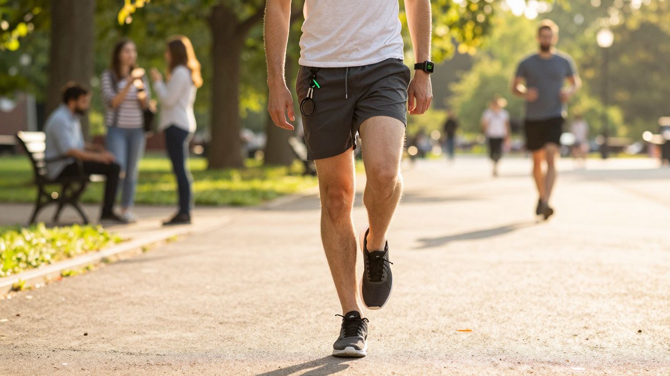 Homem a caminhar num parque ensolarado. Pessoas ao fundo a passear e a correr.