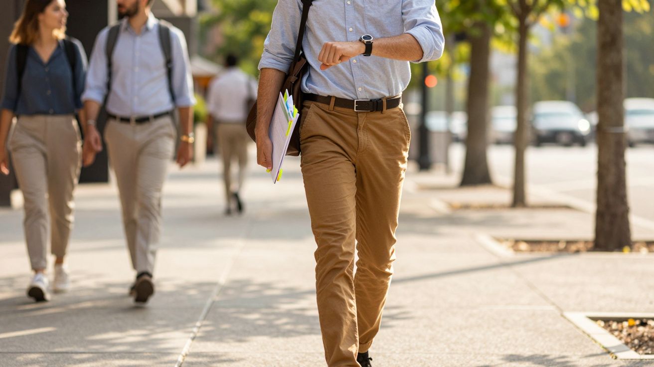 Homem a andar na rua com camisa azul clara e calças bege, segurando papéis e a olhar para o relógio.