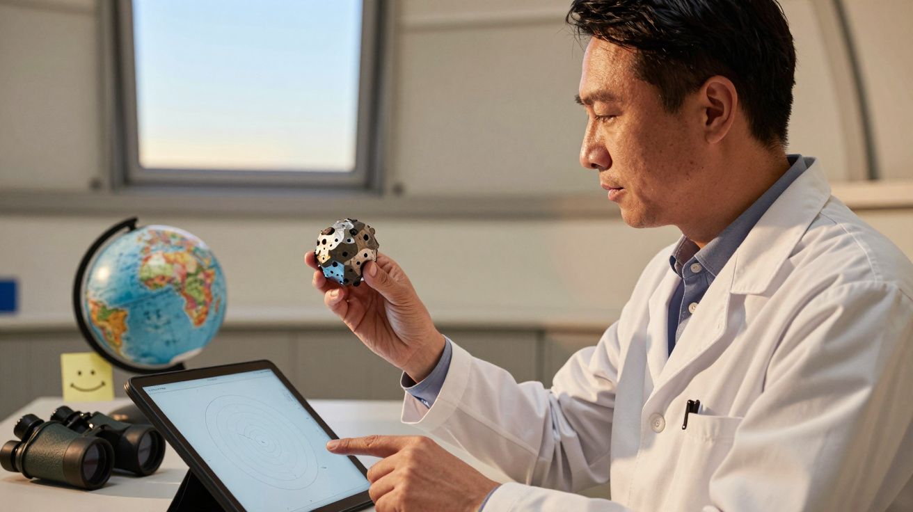 Homem em bata branca analisa modelo geométrico, com tablet e globo ao fundo, num ambiente de estudo.