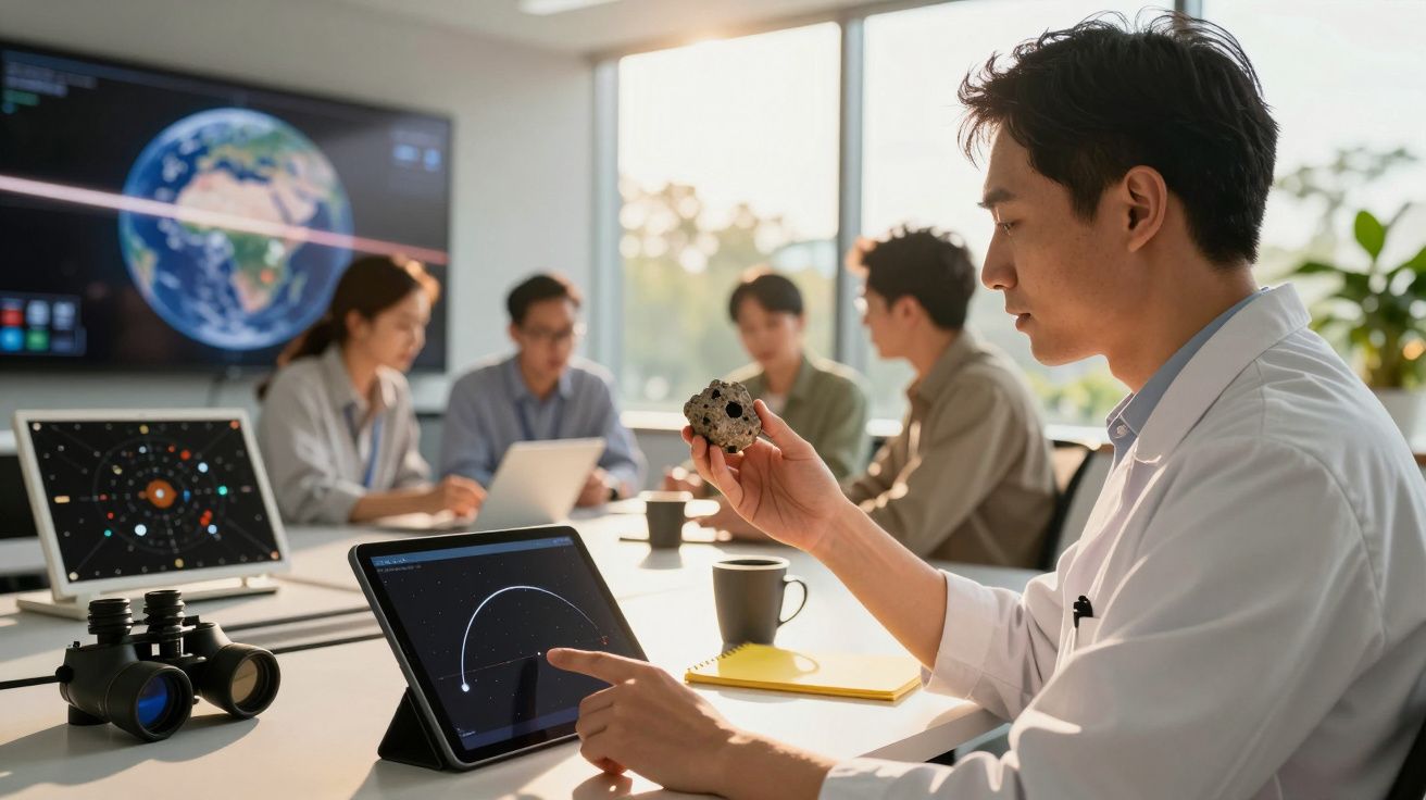Homem analisa uma rocha e usa um tablet em reunião, com colegas e ecrã de fundo mostrando imagens espaciais.