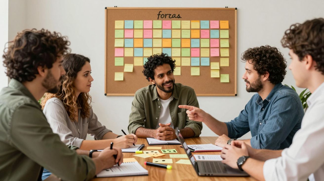 Grupo de cinco pessoas numa reunião de trabalho, rodeadas por computadores e notas adesivas coloridas numa sala de escritório