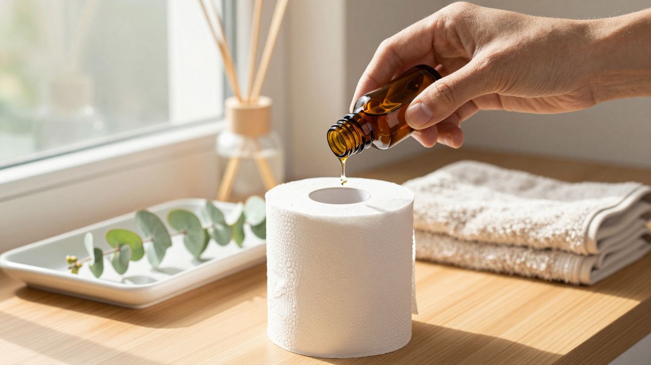Mão despejando óleo essencial em rolo de papel higiénico em casa de banho iluminada pelo sol.