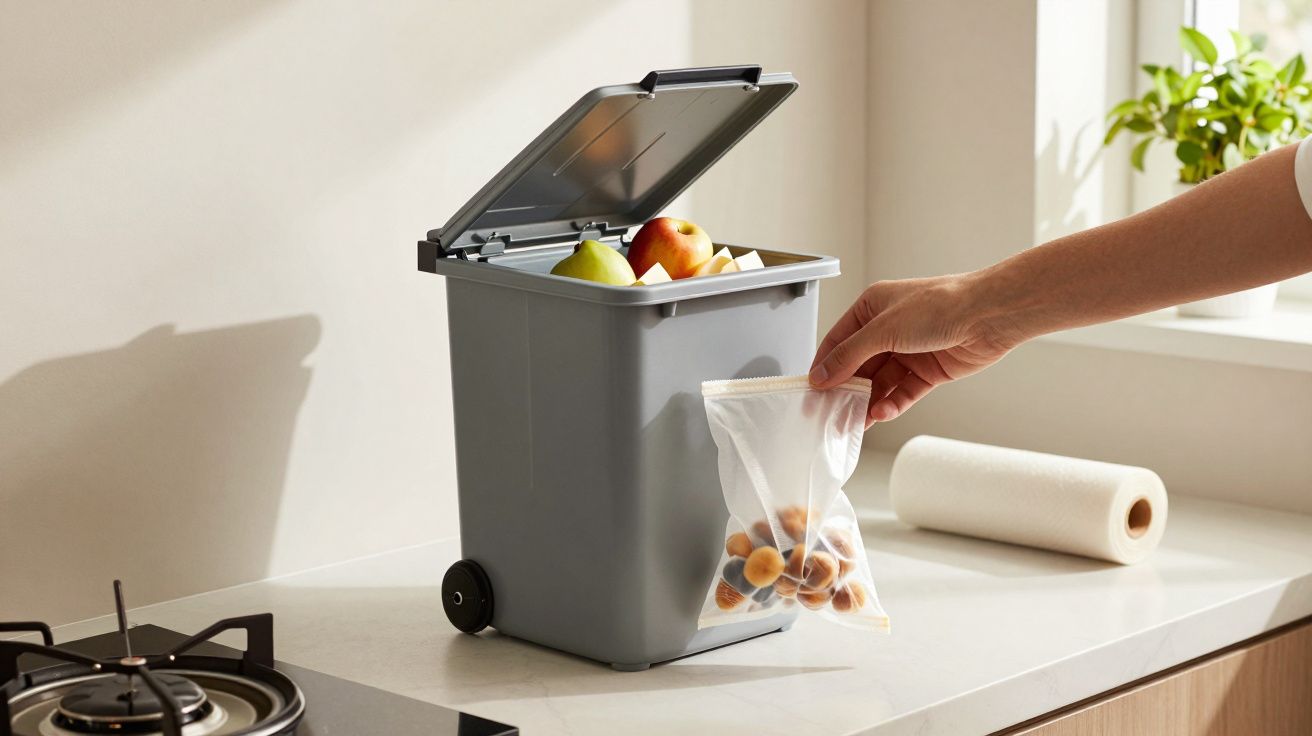 Mão a colocar resíduos de comida em saco plástico num caixote cinzento na cozinha iluminada.