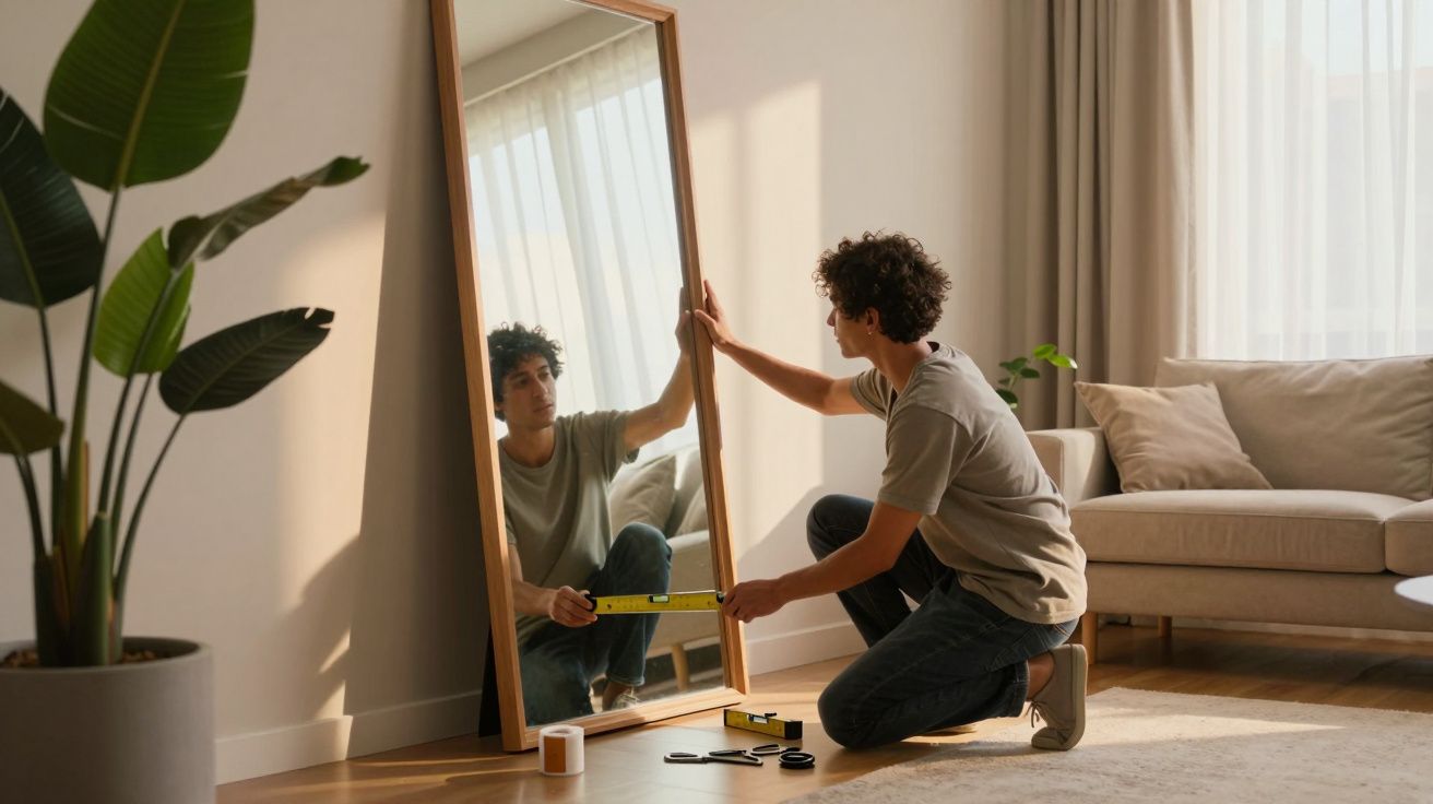 Homem ajoelhado usa nível enquanto ajusta espelho de pé numa sala iluminada pelo sol.