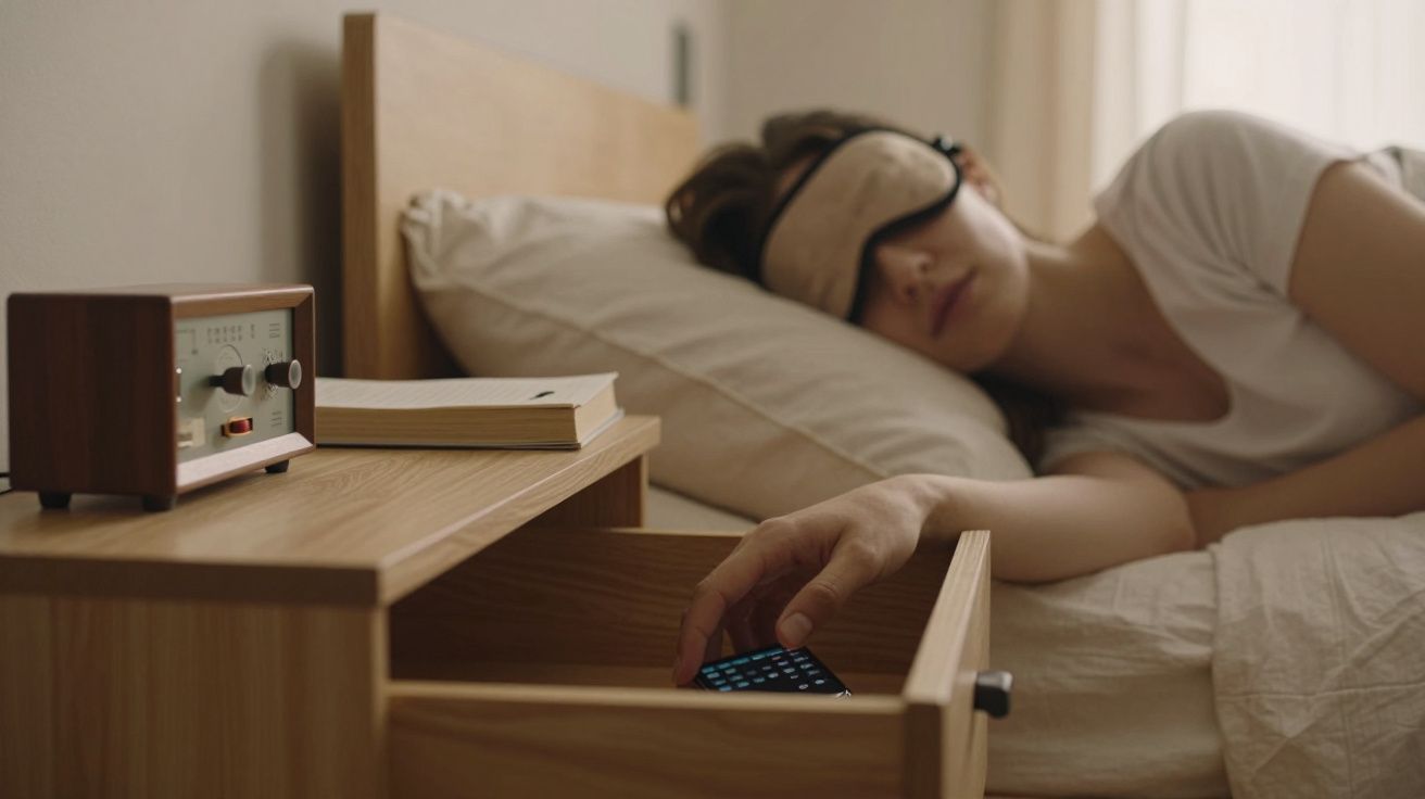 Mulher a dormir com máscara tapa-olhos, o braço estendido até à gaveta aberta com um telemóvel, rádio antigo na mesa.