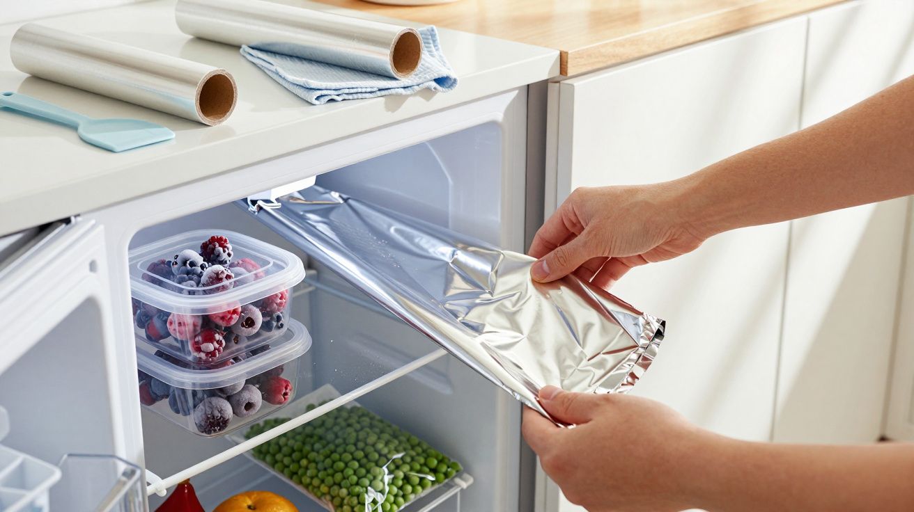 Pessoa a colocar folha de alumínio no congelador, com caixas de frutas vermelhas e ervilhas congeladas nas prateleiras.