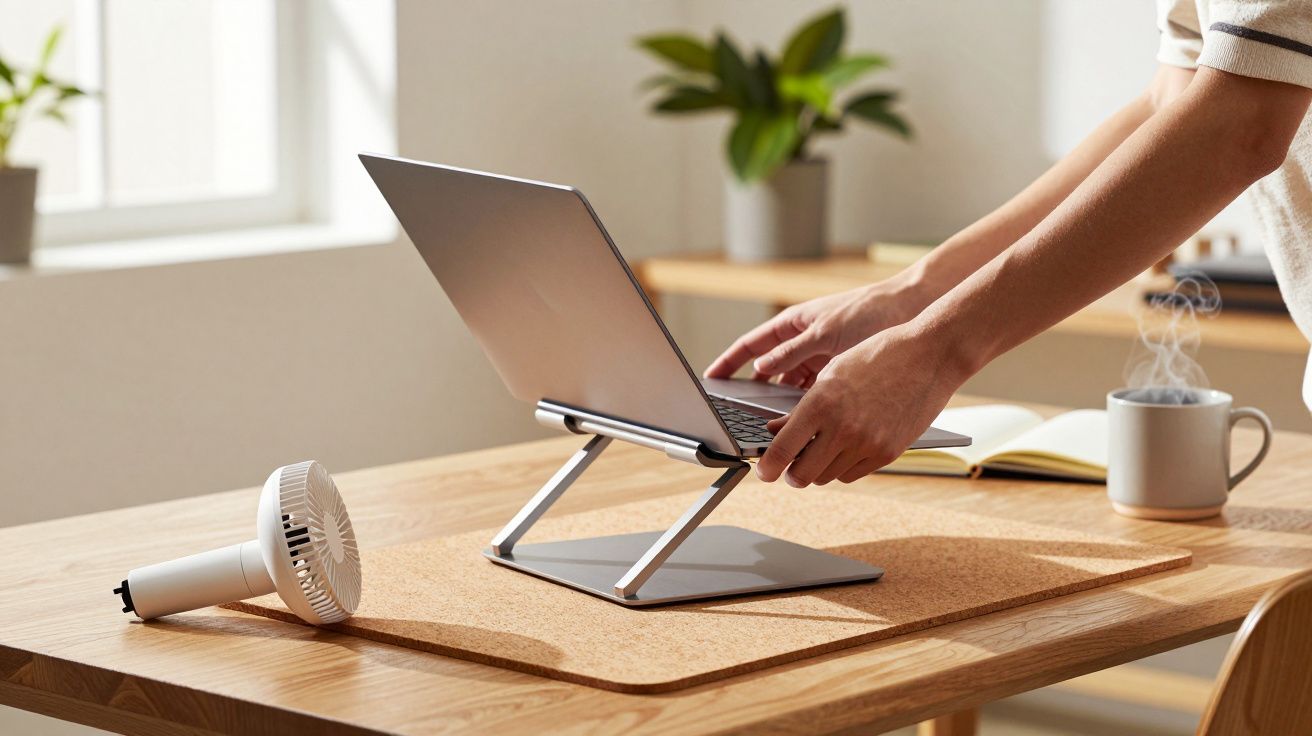 Pessoa a usar portátil num suporte ergonómico em mesa com chávena e caderno, num ambiente iluminado e com plantas.