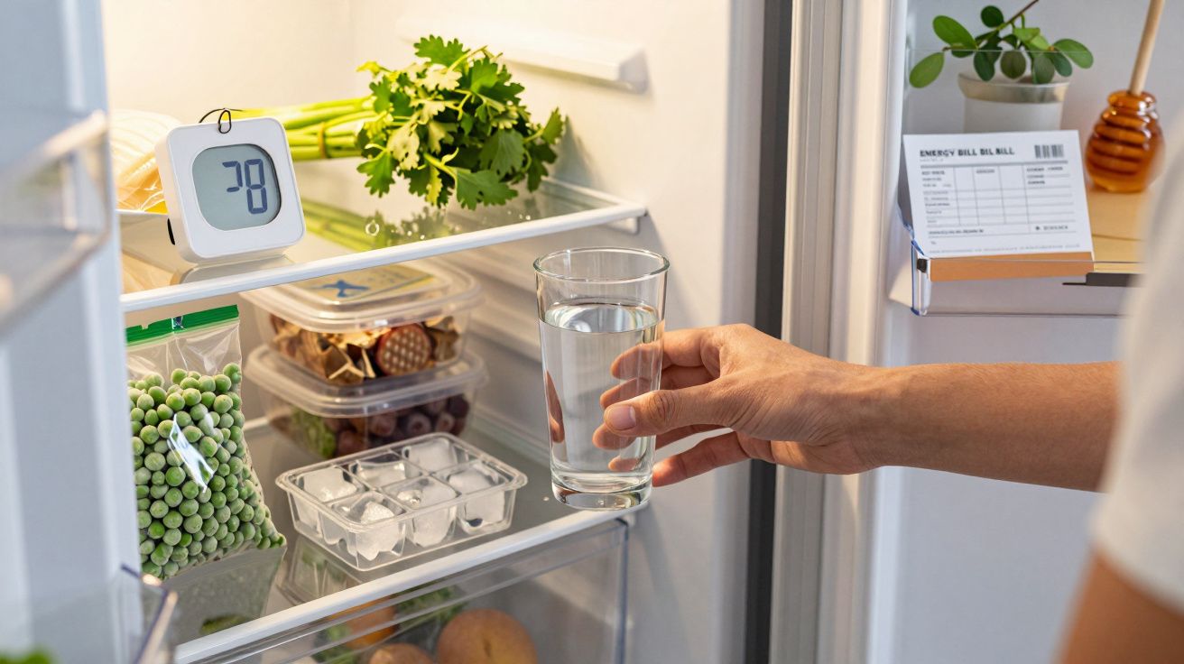 Mão segurando copo de água em frente a frigorífico aberto com legumes, temperatura 7°C num ecrã e planta ao fundo.