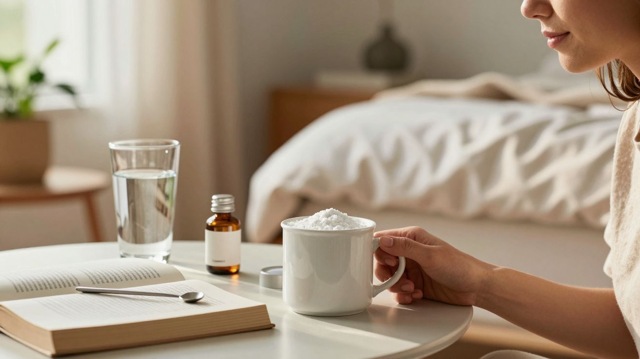 Pessoa segura caneca de café com espuma ao lado de livro aberto, colher, copo de água e frasco sobre mesa branca.