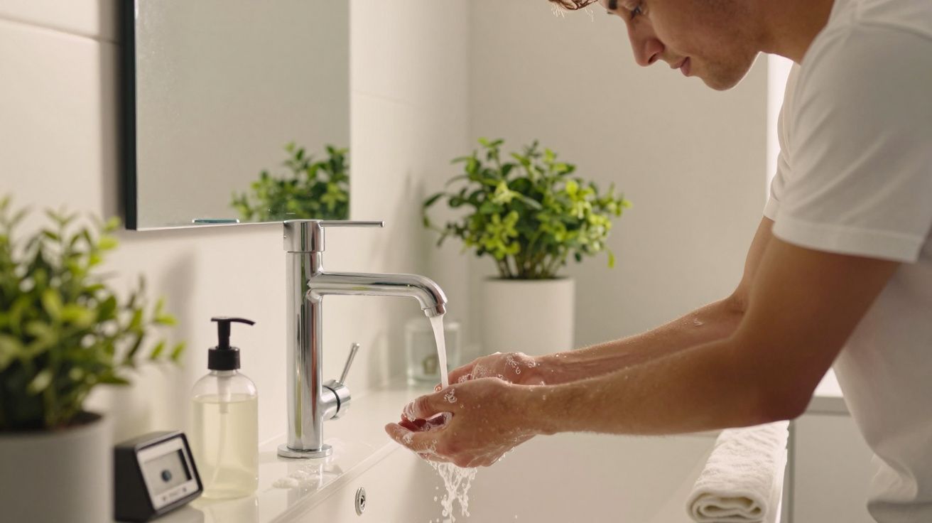 Homem a lavar as mãos numa casa de banho moderna com plantas e dispensador de sabão ao lado.