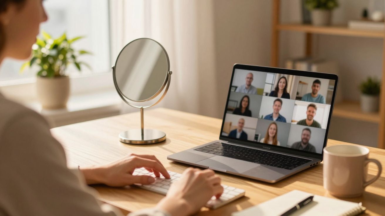 Pessoa numa videoconferência no laptop numa mesa com espelho e plantas ao fundo.