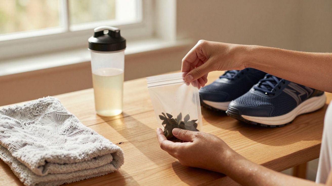 Mão segurando saco de plástico com suplementos, ao lado de toalha, garrafa e ténis em cima de mesa.