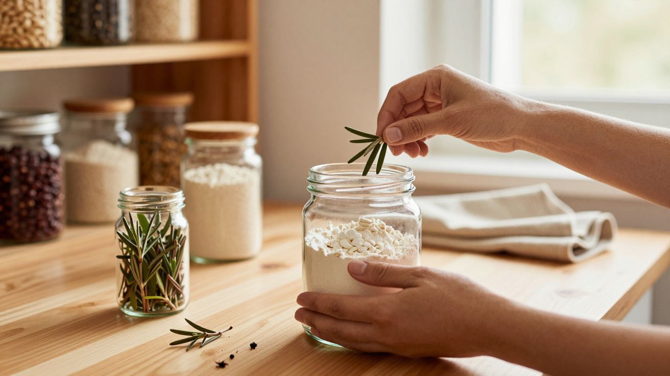 Mãos colocam um ramo de alecrim num frasco de vidro com farinha numa mesa de madeira, junto a outros frascos.