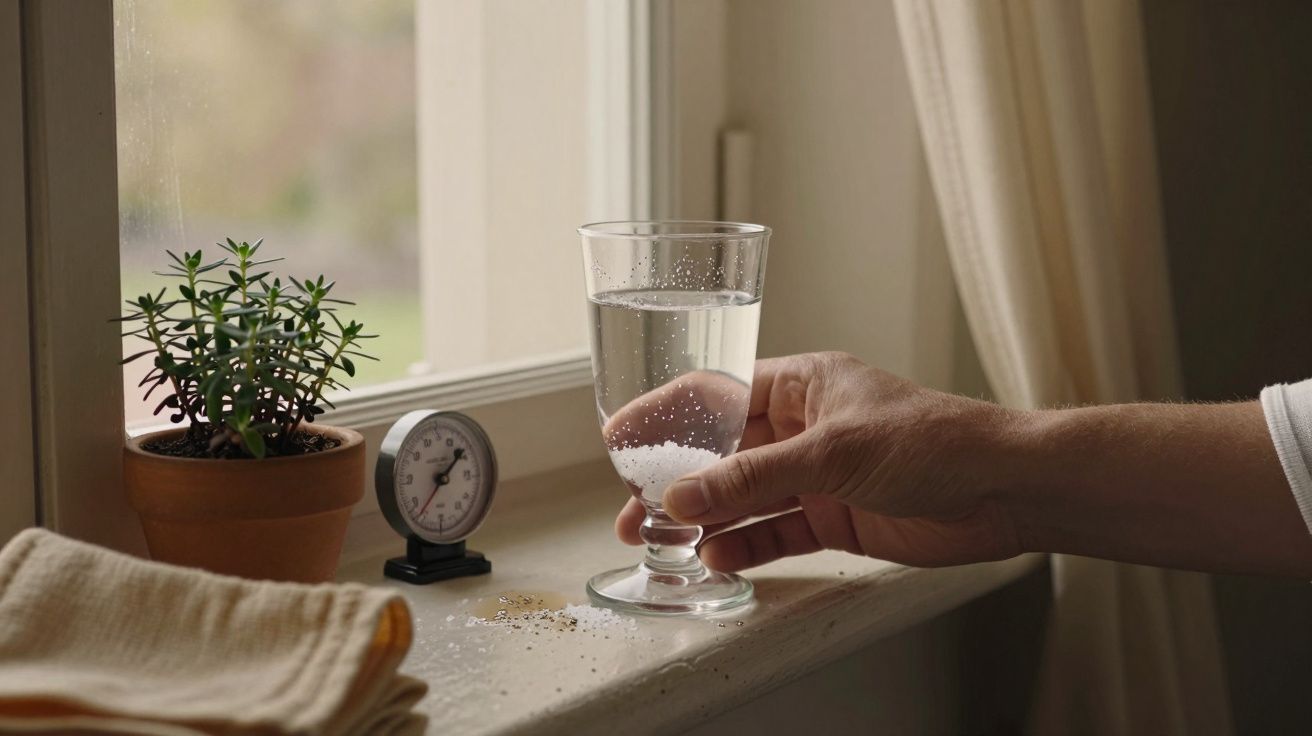 Mão segurando um copo de água numa janela, com planta em vaso e relógio ao lado.