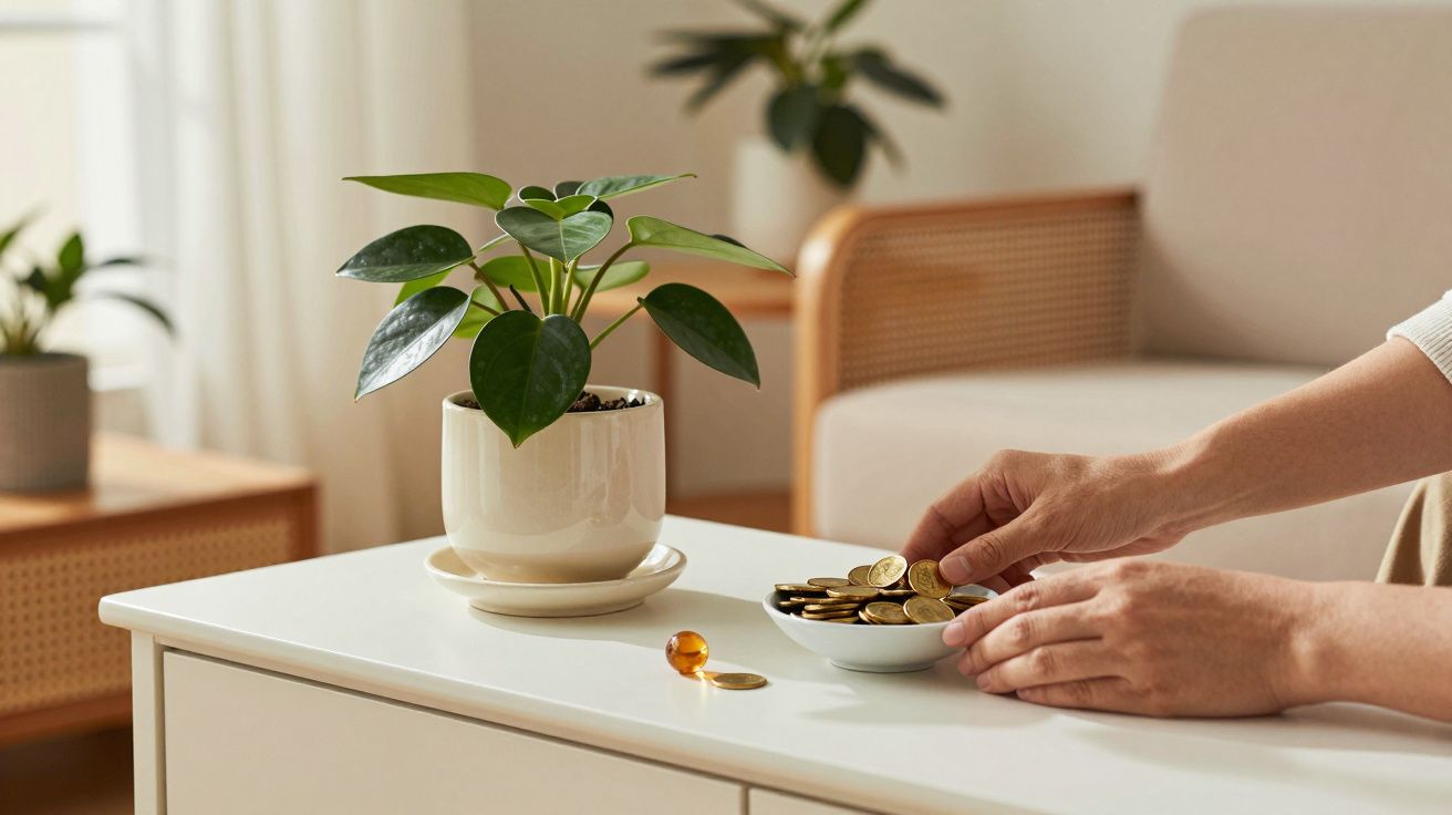Mãos colocando moedas numa taça branca sobre mesa branca, ao lado de uma planta em vaso.