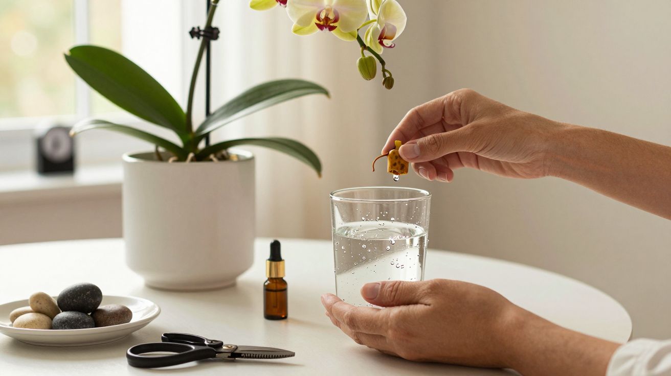 Mãos adicionando gotas de líquido num copo, junto a planta, pedras e tesoura numa mesa branca.